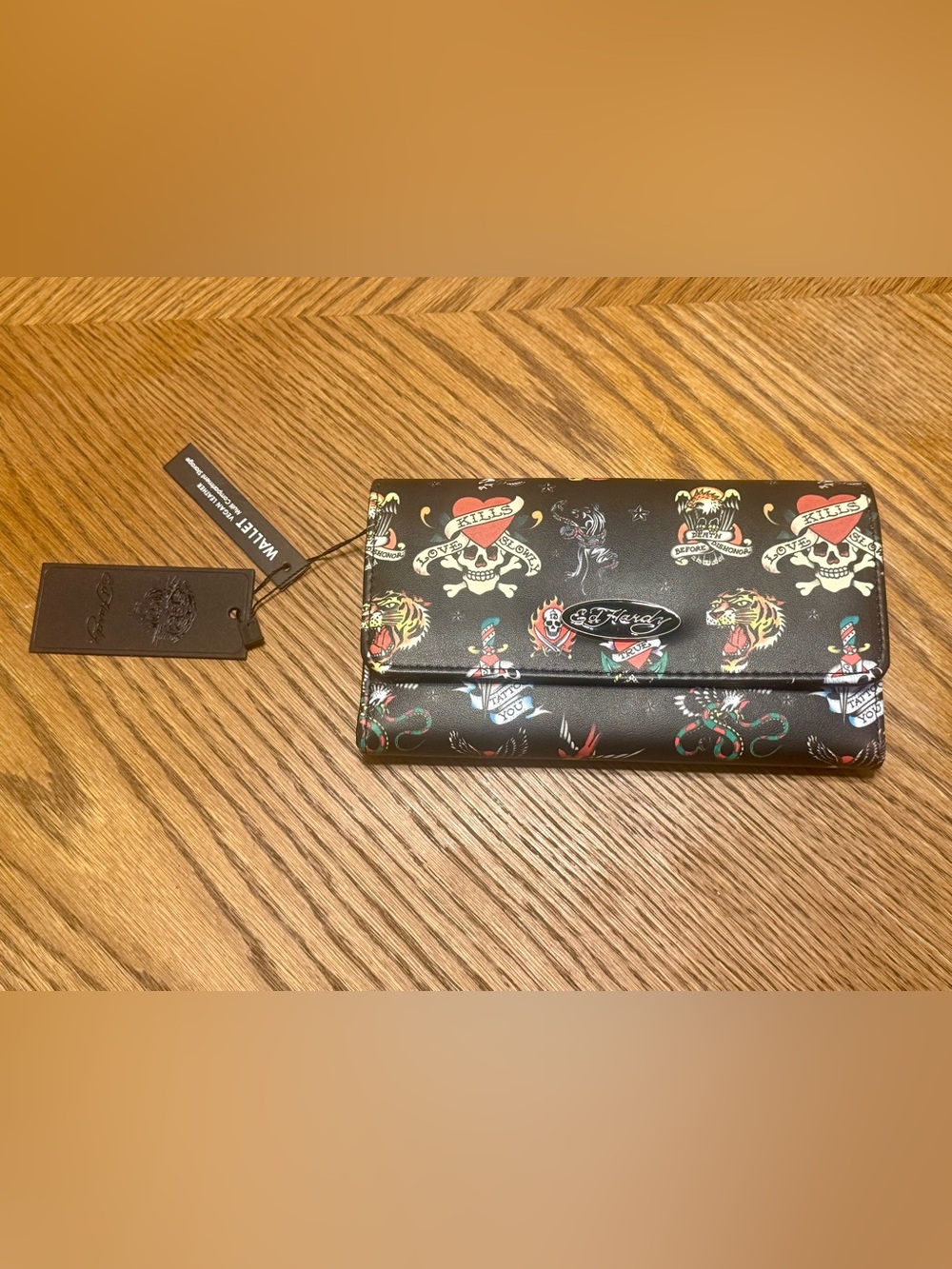 Ed Hardy Tattoo Print Wallet Skull Tiger Hearts Black Trifold Clutch NWT